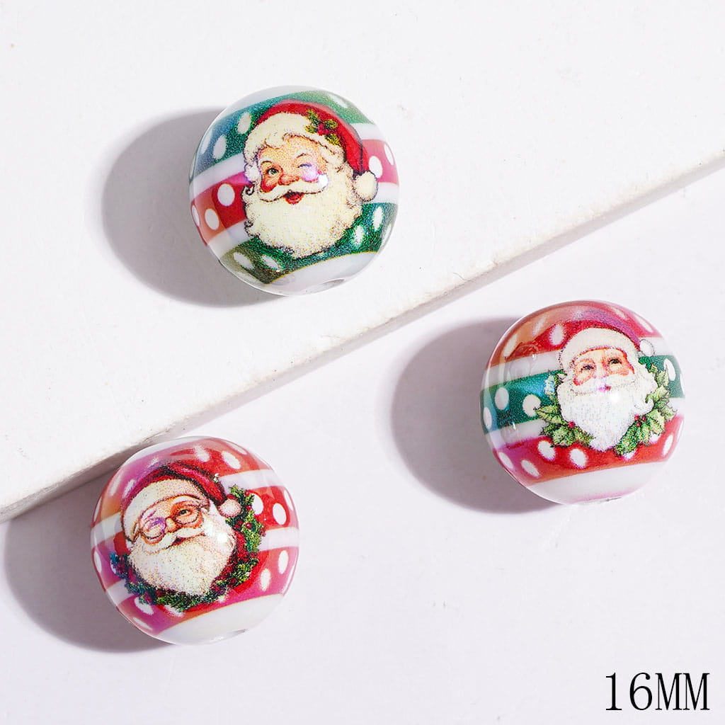 UV-Coated Christmas Santa Claus & Red-Green Polka Dot Printed Round Acrylic Beads for Bracelets, 16MM, Random Mix