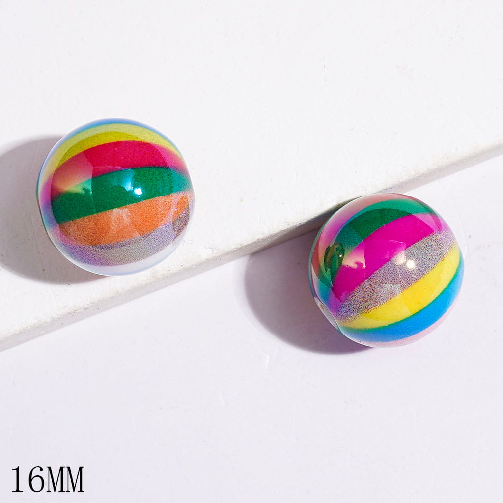 UV-Coated Vibrant Rainbow Stripe Pattern Round Acrylic Beads for Bracelets, 16MM, Multicolor, Random Mix
