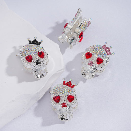 Skull with Crown, AB Rhinestones & Heart Eyes Fancy Silver Alloy Beads 29*19MM, Random Mix