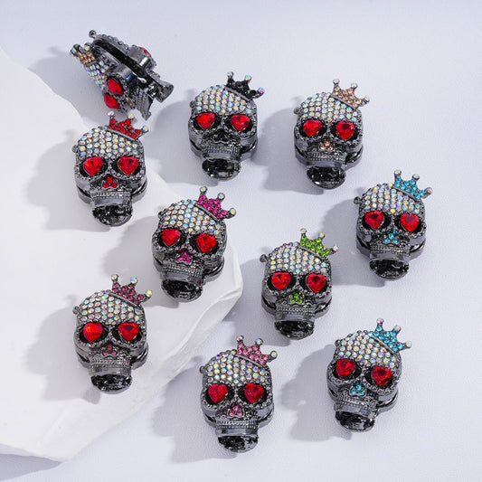 Fancy Gun Black Alloy Beads Skeleton Head with Cute Crown AB Rhinestones Red Hearts Eyes, 29*19MM，Random Mix