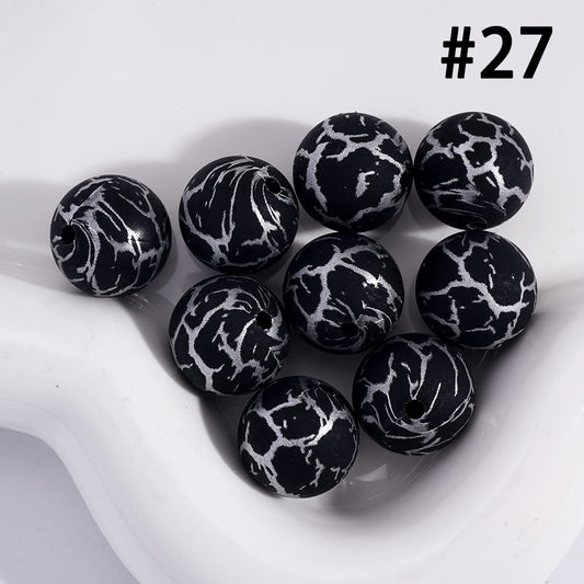 Black Color Round Printed Silicone Beads with Silver-Colored Cracks, 15MM, Number 27