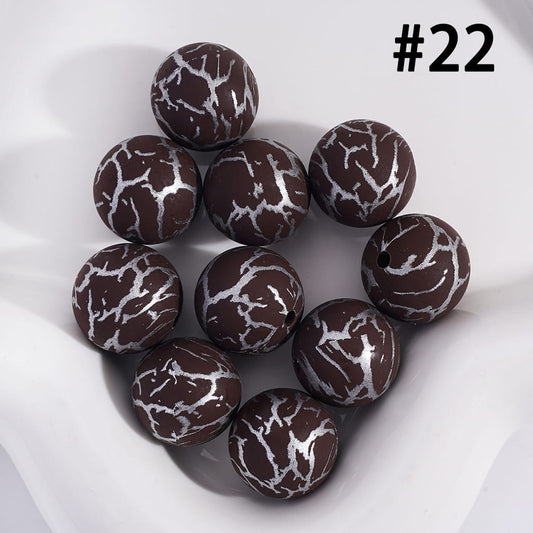Brown Color with Silver-Colored Cracks, Round Printed Silicone Beads 15MM, Number 22