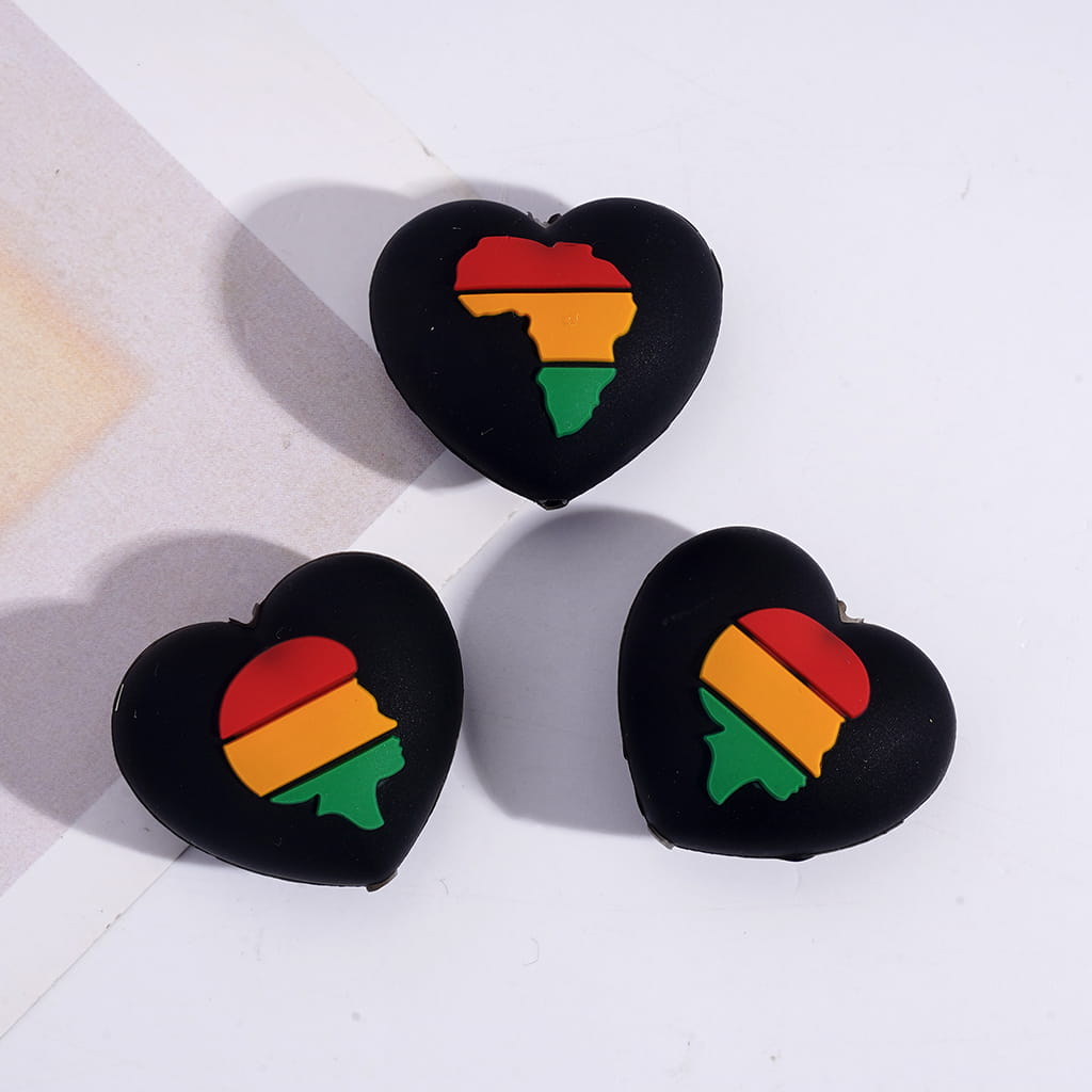 3D Black Girl Heart Round Design Black Series Silicone Focal Beads