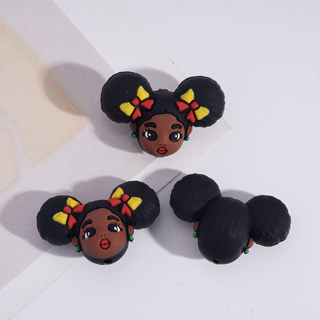 3D Black Girl Heart Round Design Black Series Silicone Focal Beads
