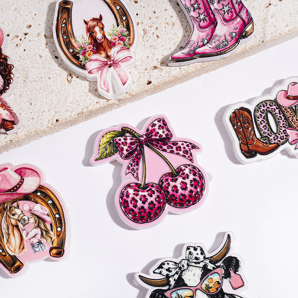 Girl Boot Cherry Horseshoe Cow in Pink Western Style Acrylic Beads, Random Mix