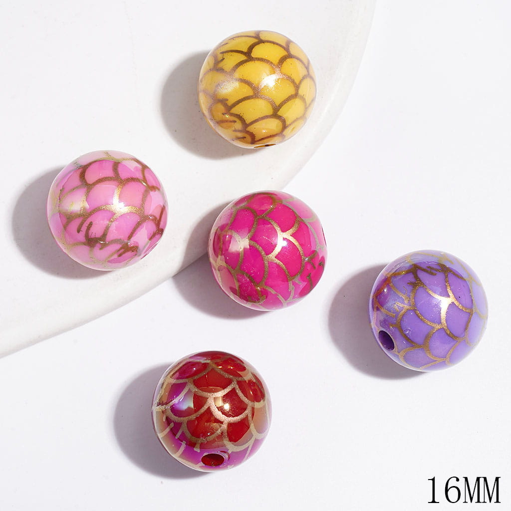 UV-Coated Fish Scale Texture Printed Round Acrylic Beads for Bracelets, 16MM, Varied Colors, Random Mix