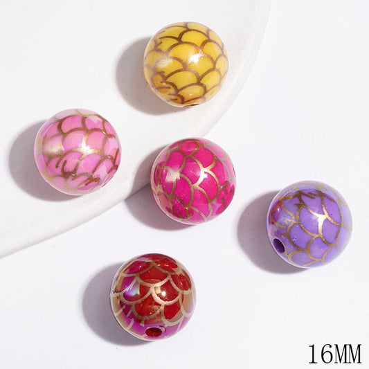 UV-Coated Fish Scale Texture Printed Round Acrylic Beads for Bracelets, 16MM, Varied Colors, Random Mix