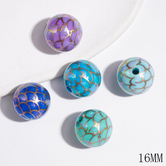 UV-Coated Blue & Purple Fish Scale Texture Printed Round Acrylic Beads for Bracelets, 16MM, Random Mix