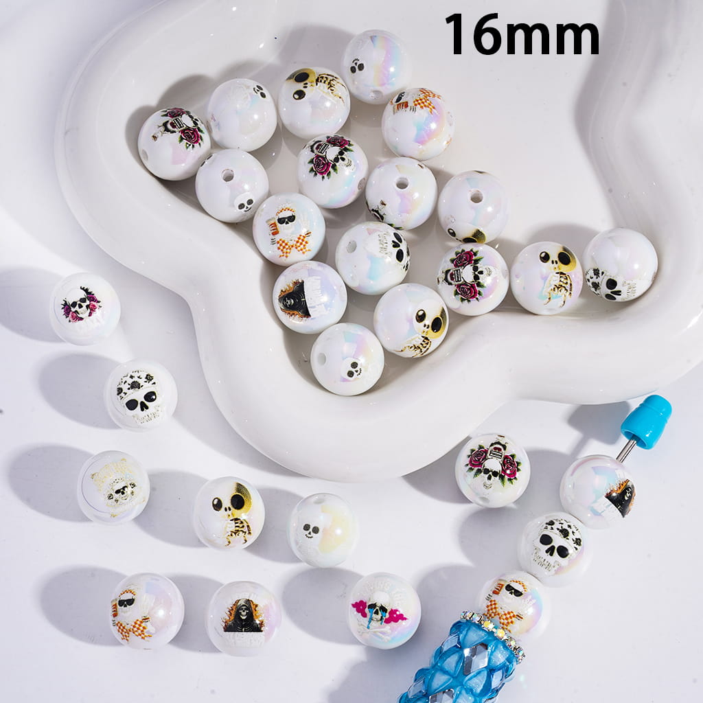 UV Coating with Skeleton Skull Series, Round Print Acrylic Beads for Bracelets 16MM, Random Mix