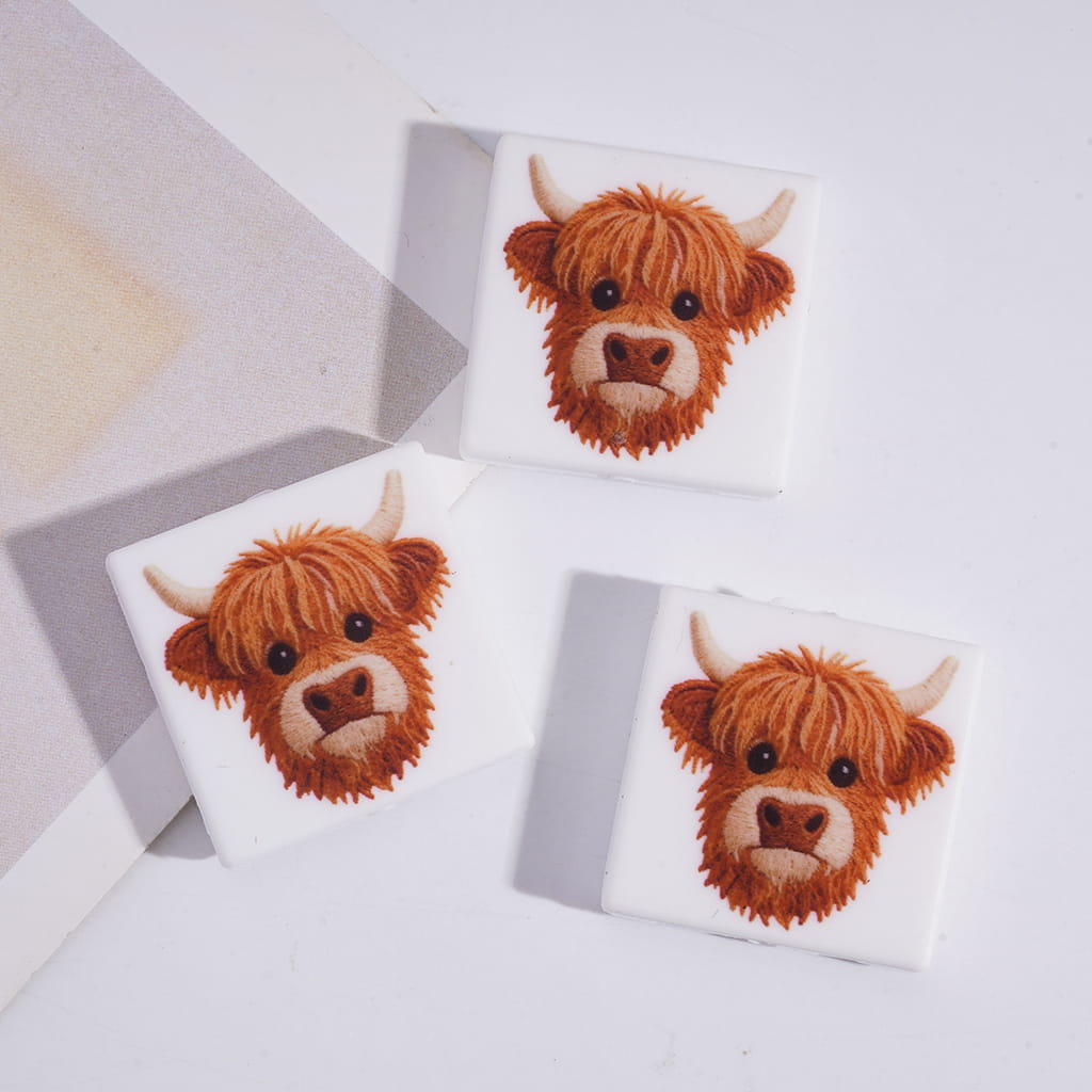 Cute Highland Cow Head on White Background Square Shape Silicone Focal Beads