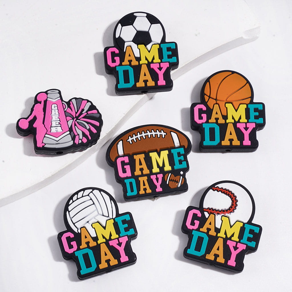 Assorted Designs Sports with Text "GAME DAY" Silicone Focal Beads