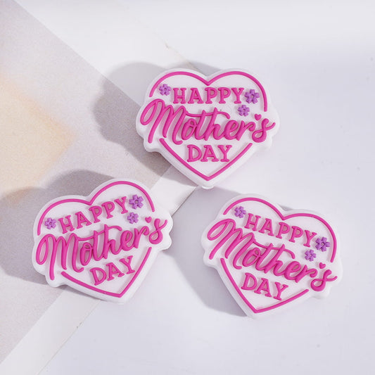 Happy Mother’s Day Heart with Purple Flowers Heart Shape Silicone Focal Bead