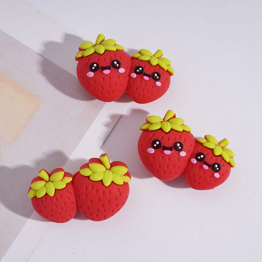 3D Sweet‑Faced Strawberry Twins Silicone Focal Beads