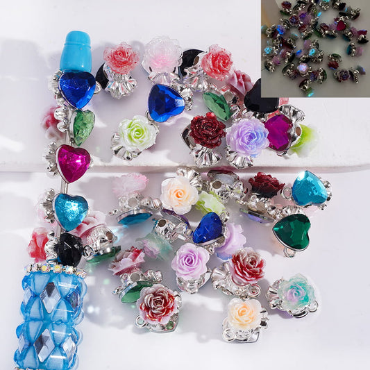 Luminous Multi‑Color Rose & Heart Rhinestone Alloy Beads Random Mix