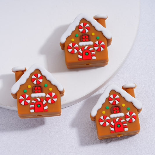 3D Cute Christmas House Cabin Silicone Focal Beads