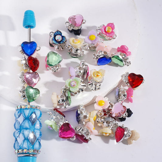 UV Coated Silver Color Metal Beads Multi‑Color Three-Petaled Flower & Heart Rhinestones Random Mix