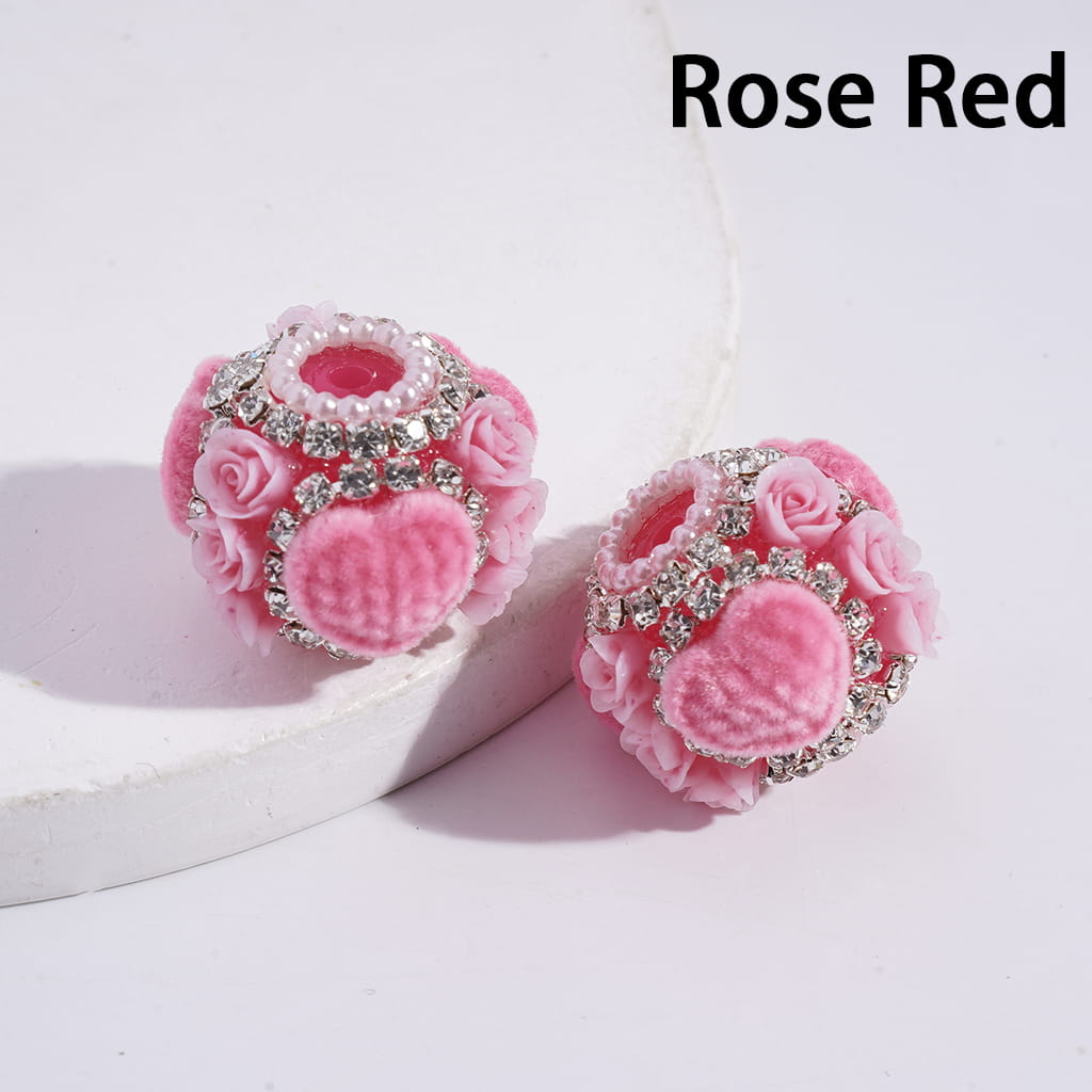 Fluffy Heart and Rose Flowers Clear Rhinestone and White Pearl Chains Round Acrylic Beads 22MM