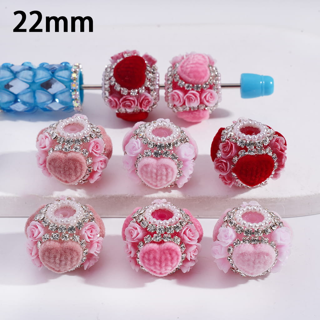 Fluffy Heart and Rose Flowers Clear Rhinestone and White Pearl Chains Round Acrylic Beads 22MM