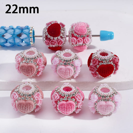 Fluffy Heart and Rose Flowers Clear Rhinestone and White Pearl Chains Round Acrylic Beads 22MM