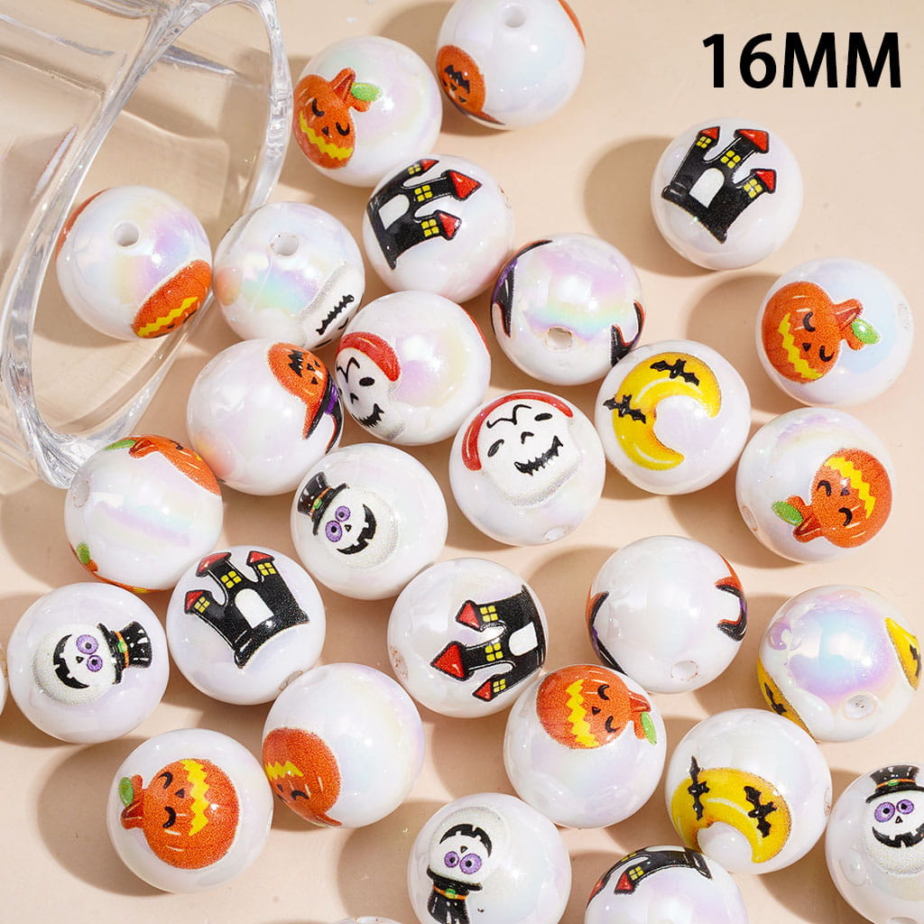 Halloween Printed Series UV Coating Acrylic Beads for Bracelets, 16MM, Random Mix