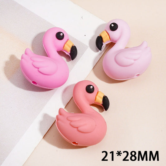 Cute Flamingo Bird Silicone Focal Beads, 21*28MM, Assorted Pink Colors, Random Mix
