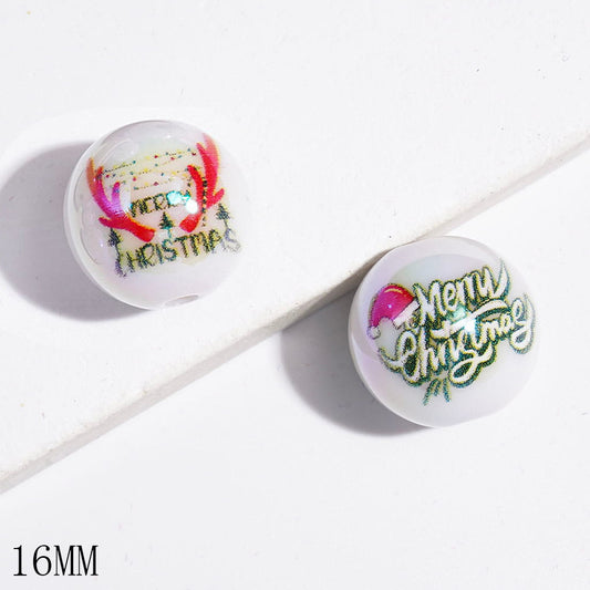 UV-Coated Deer Antlers, Christmas Tree Hat, Snowman & Festive Text Printed Round Acrylic Beads for Bracelets, 16MM, Random Mix