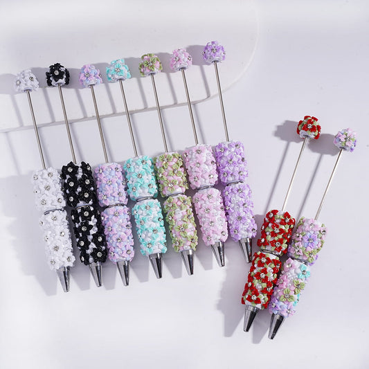 Three‑Petaled Flowers & Leaves Rhinestones with White Pearls Beadable Clay Pens Random Mix