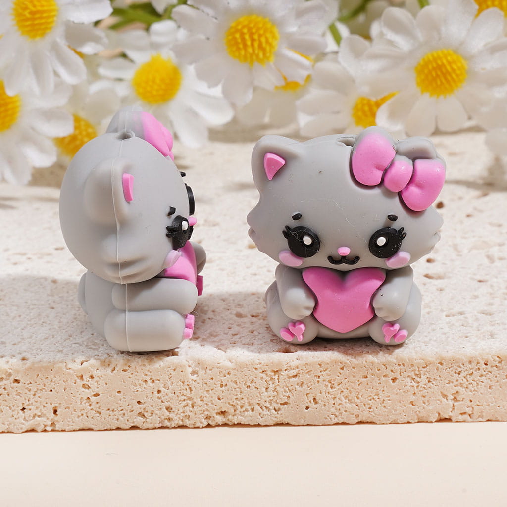 3D Lovely Cat with Bow Holding Pink Heart Silicone Focal Beads