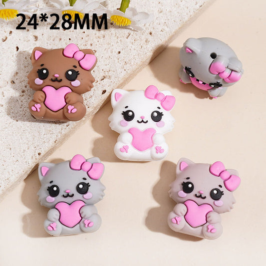3D Cute Kitty Holding Heart Design Silicone Focal Beads, 24*28MM, Assorted Colors