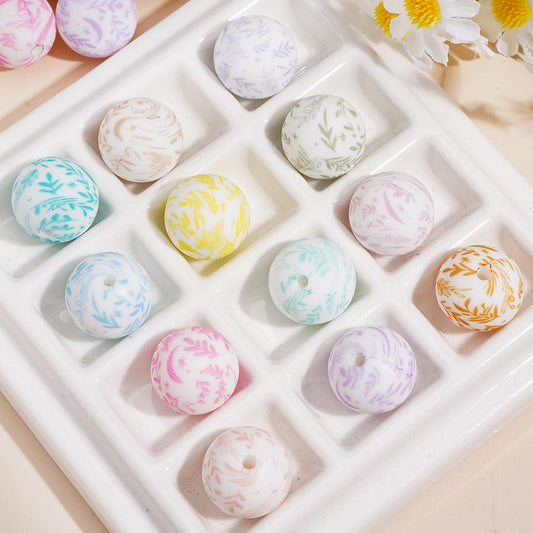 Botanical Leaf Moon Star Pattern Print, White Base, Round Silicone Beads, Assorted Colors, Random Mix