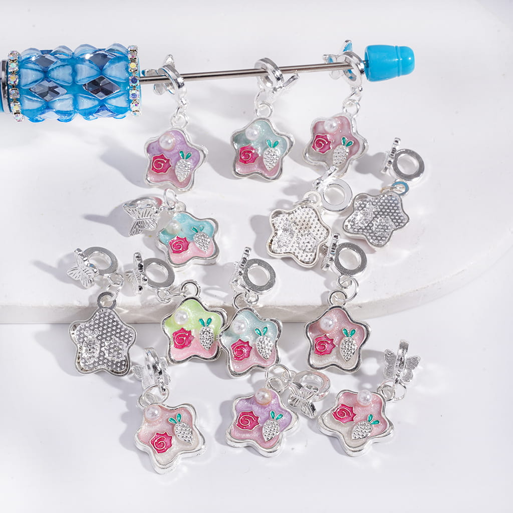 Butterfly, Charm Pendant Glittery Star Carrot Rose Flower & Pearl Silver Alloy Bail Beads Random Mix