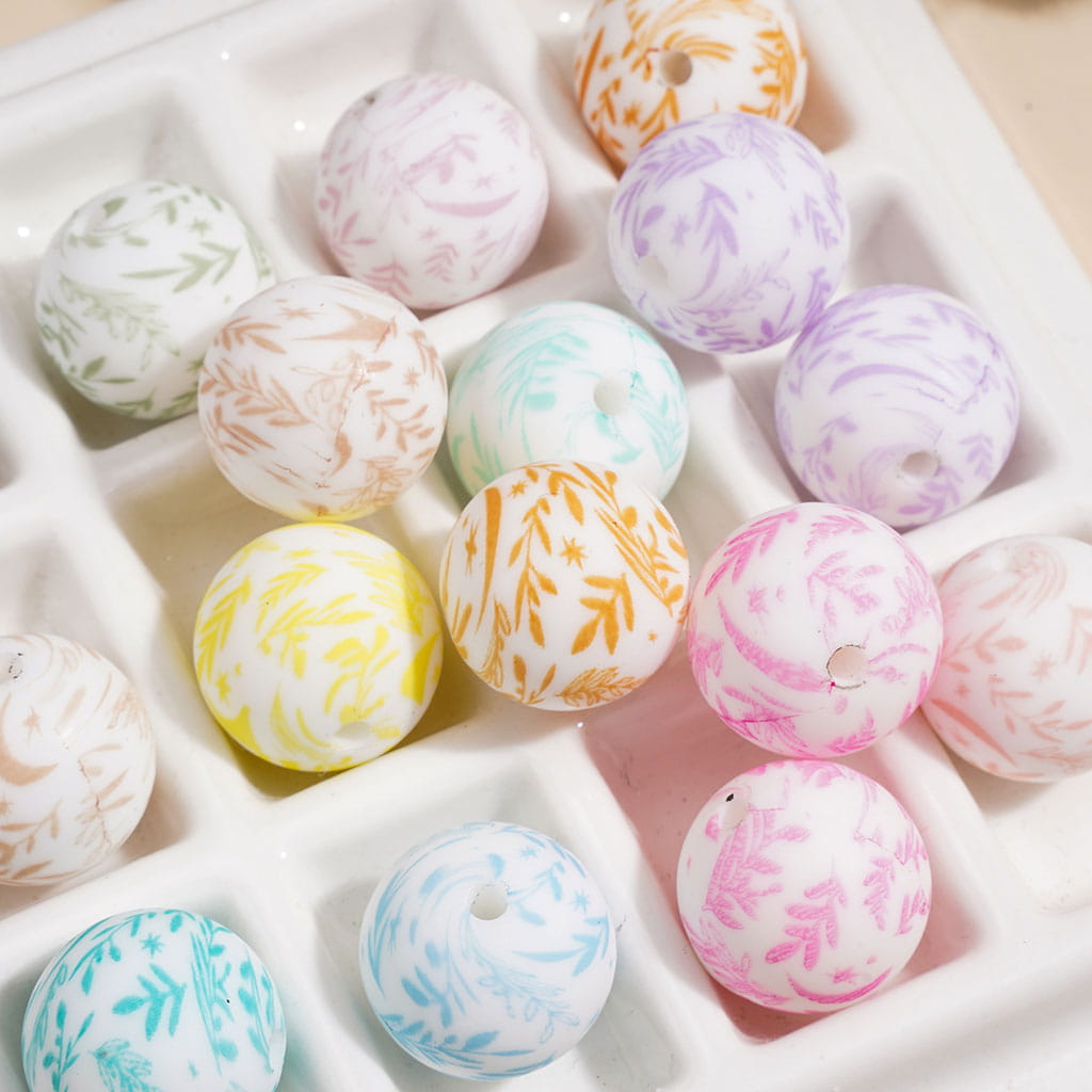 Printed Silicone Beads with Leaf Moon Star Patterns, 15MM, Random Mix