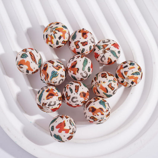 Soft Round Printed Silicone Beads on Horse Prints 15MM