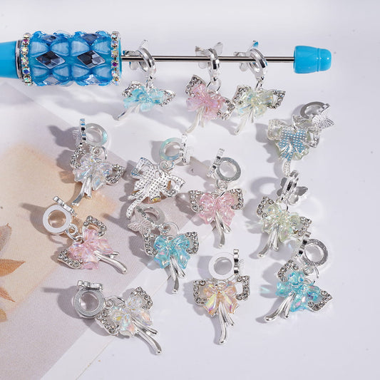 UV Coating Glossy Multi-Color, Bowtie Frame with Clear Rhinestones Silver Alloy Bail Beads Random Mix