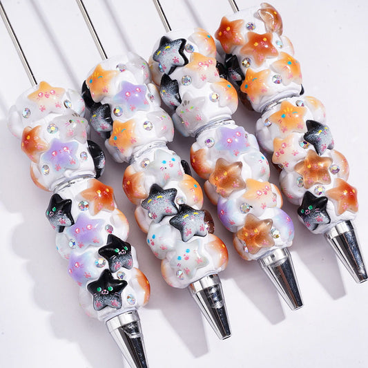 Beadable Clay Pen with White Bear Beads, Glitter Star Charms & Rhinestone Accents
