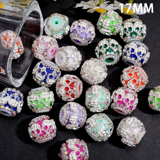 Silver Metal Skull with AB Rhinestones & Pearl Trim, Round Handmade Acrylic Beads 17MM, Random Mix