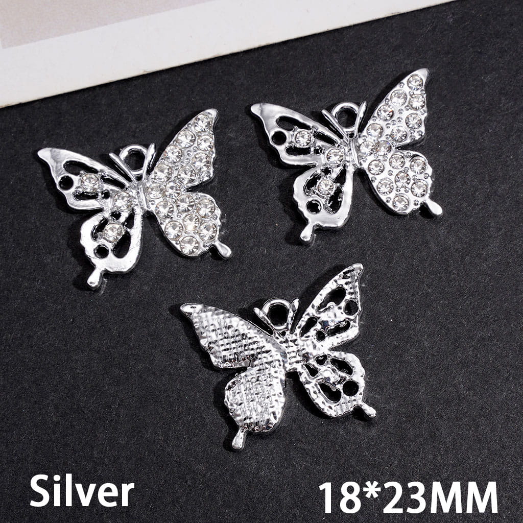 Butterfly Charm with Clear Rhinestones, 18×23MM, Silver Alloy Charm Pendants & Jewelry Accessories