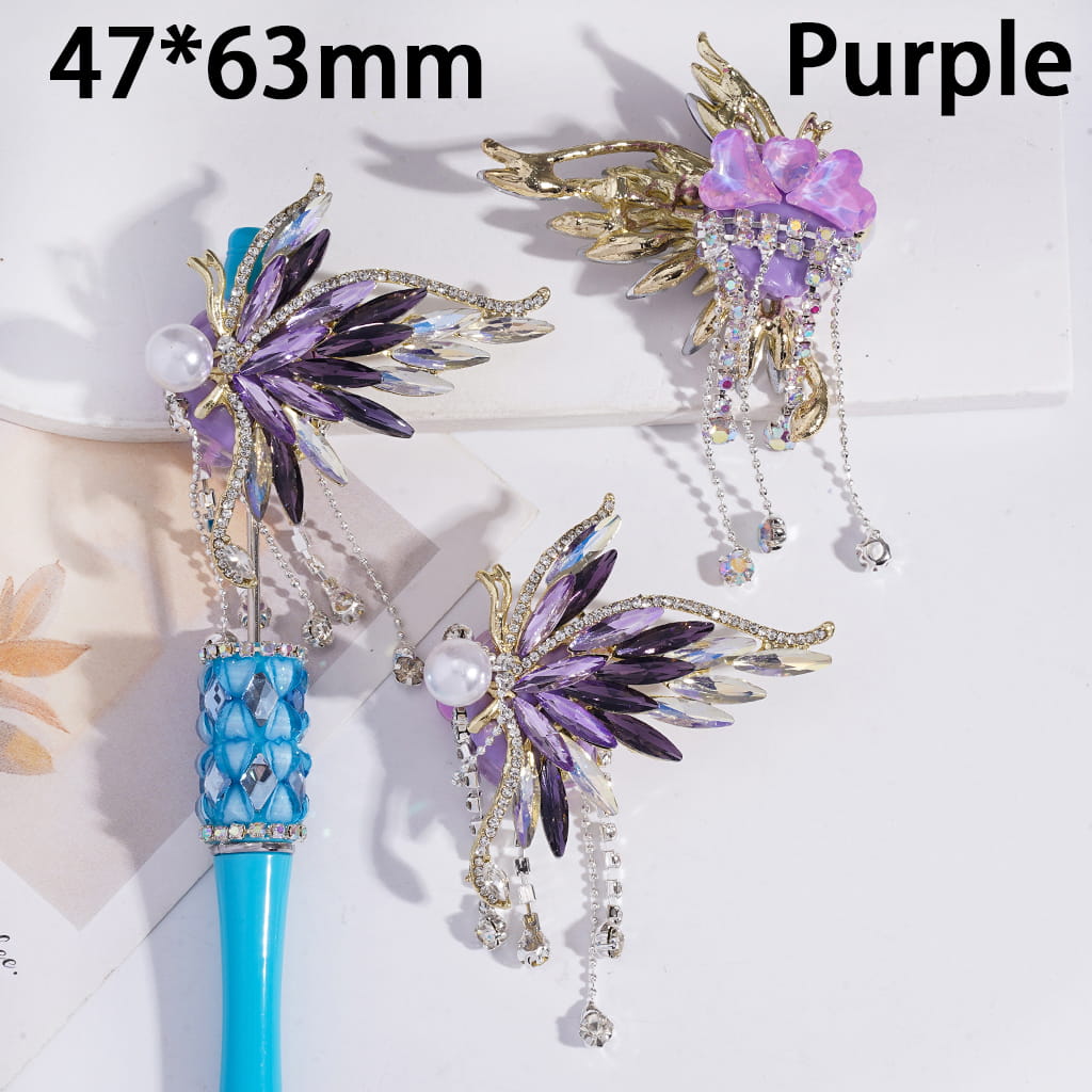 Fancy Alloy Butterfly Wing, with Rhinestones & White Pearl & Tassel Chains, Clay Beads 47*63MM, Purple Blue