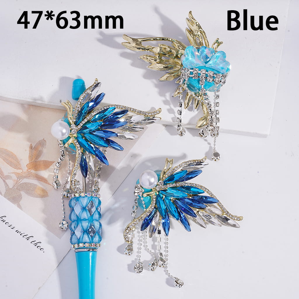 Fancy Alloy Butterfly Wing, with Rhinestones & White Pearl & Tassel Chains, Clay Beads 47*63MM, Purple Blue