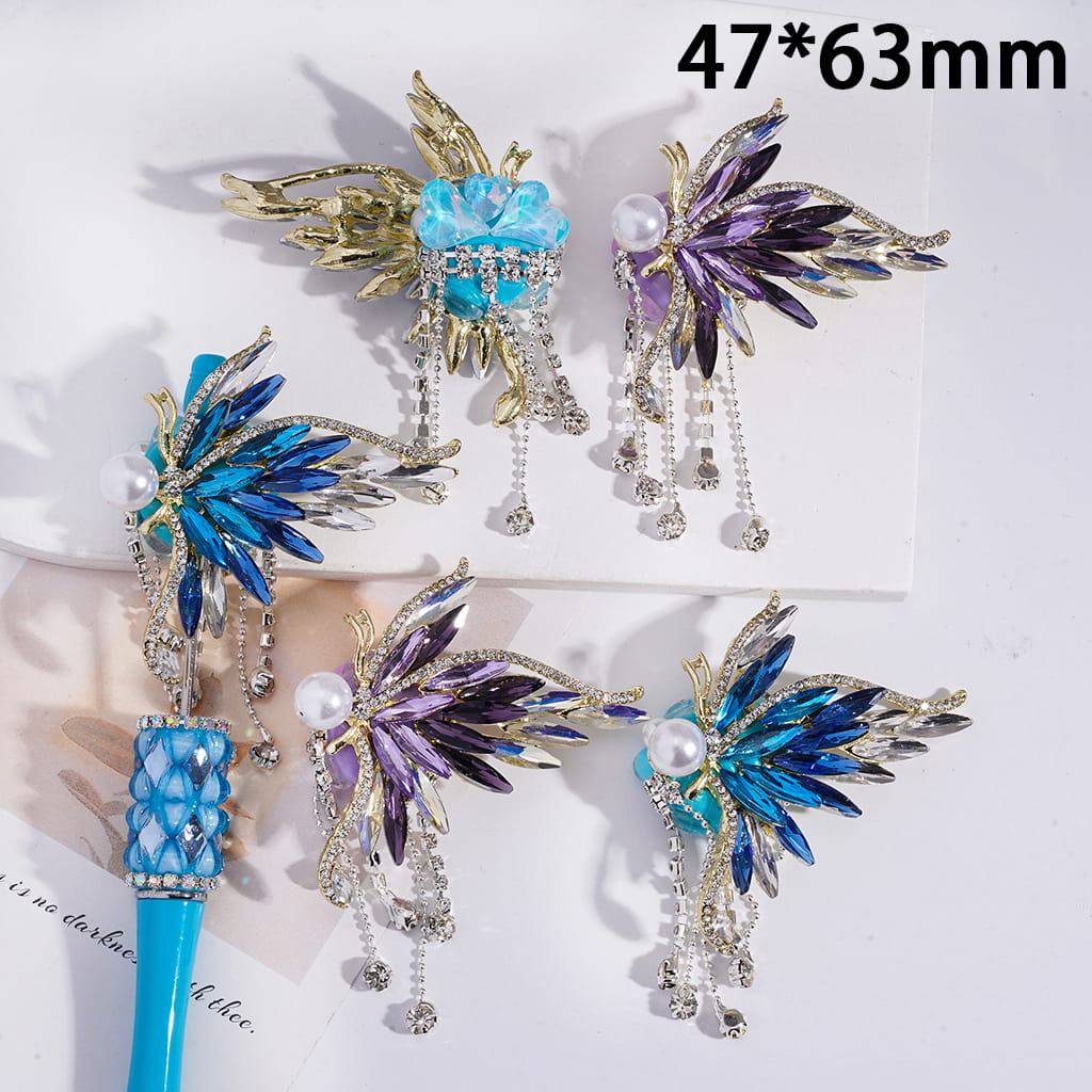 Fancy Alloy Butterfly Wing, with Rhinestones & White Pearl & Tassel Chains, Clay Beads 47*63MM, Purple Blue