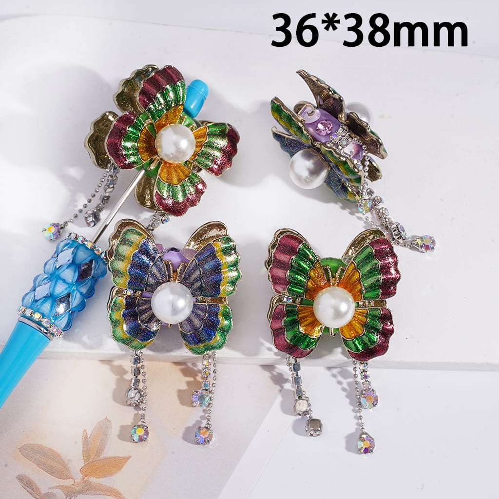 Glossy Alloy Butterfly, with Rhinestones & White Pearls & Tassel Chains, Clay Beads 36*38MM