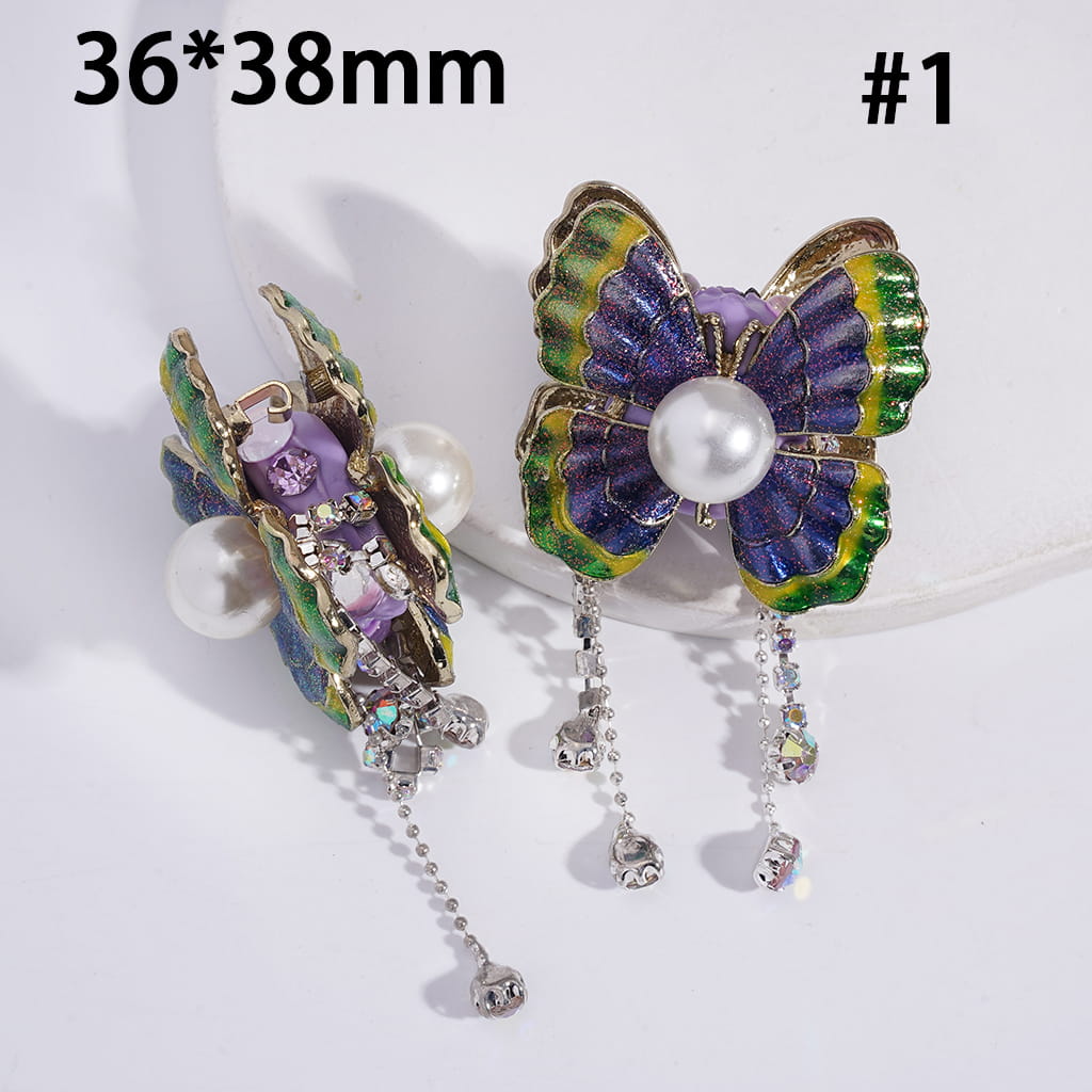 Glossy Alloy Butterfly, with Rhinestones & White Pearls & Tassel Chains, Clay Beads 36*38MM