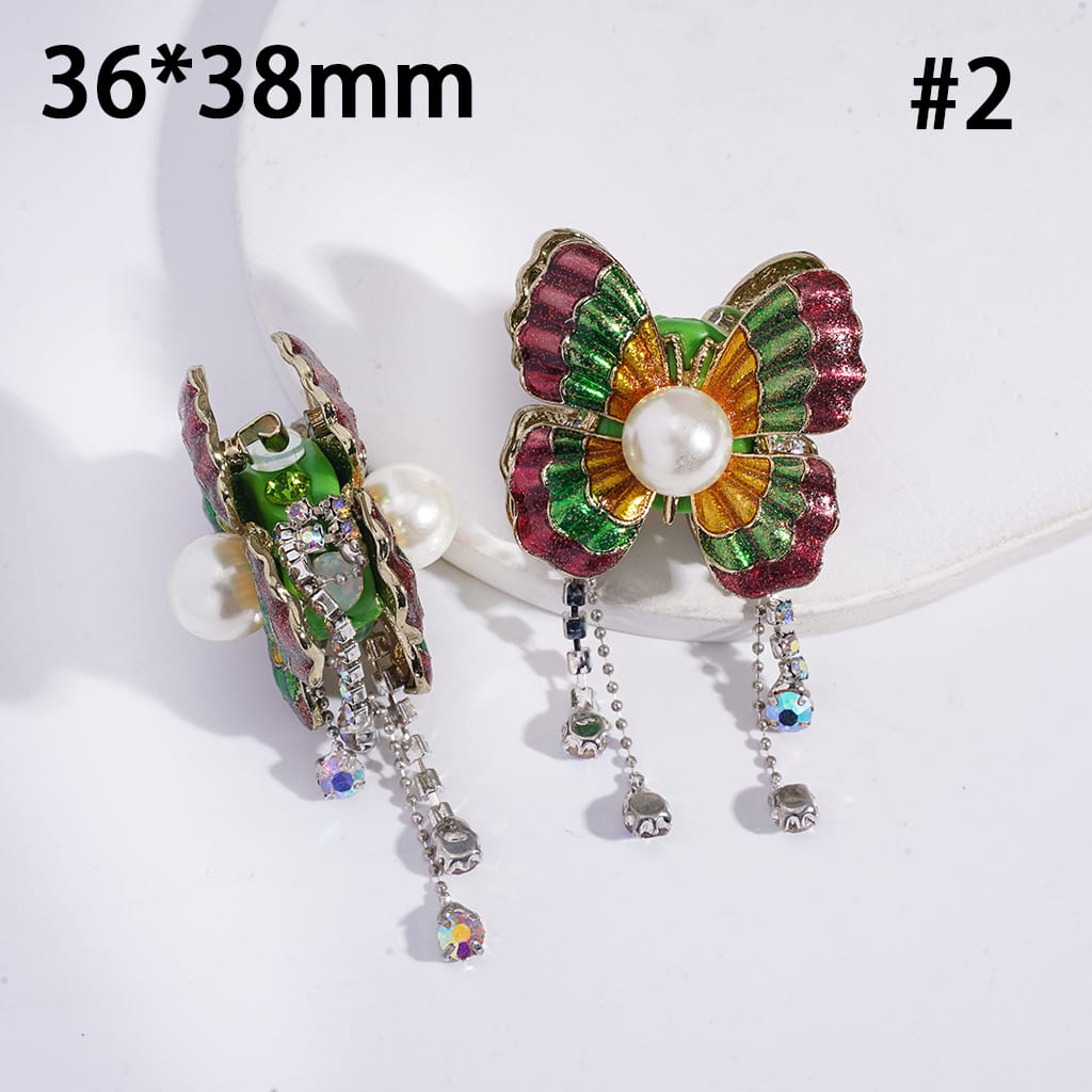 Glossy Alloy Butterfly, with Rhinestones & White Pearls & Tassel Chains, Clay Beads 36*38MM