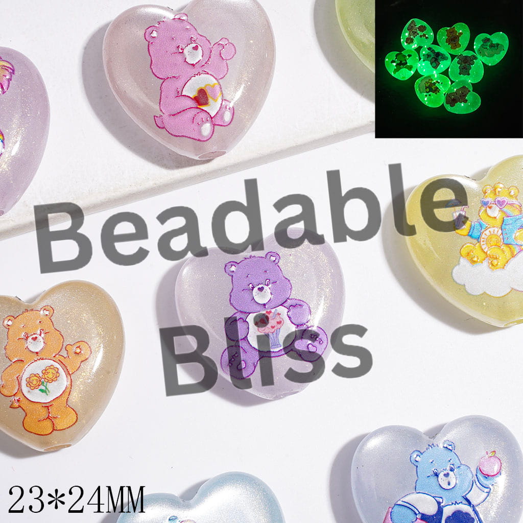 Luminous Acrylic Beads Heart with Diverse Style Rainbow Bear and Glitter, 23*24MM Multi-Color Random Mix
