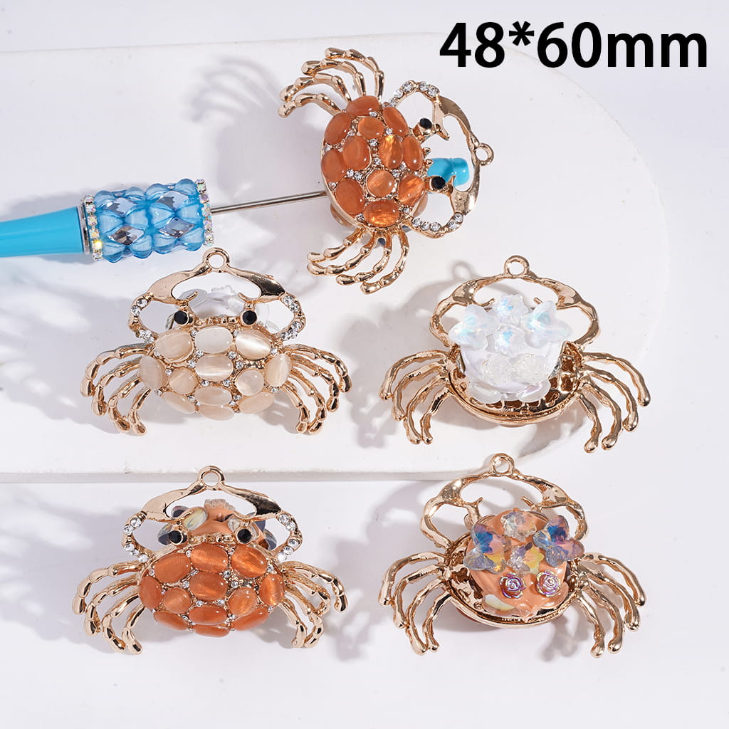 Orange Champagne Clay Beads with Alloy Crab Pendant, Rhinestones & Rose Flowers 48*60 MM