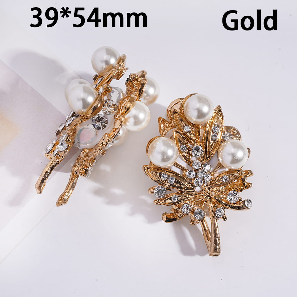 Gold & Silver Alloy Leaf Clay Beads with Clear Rhinestones & White Pearls, 39*54MM
