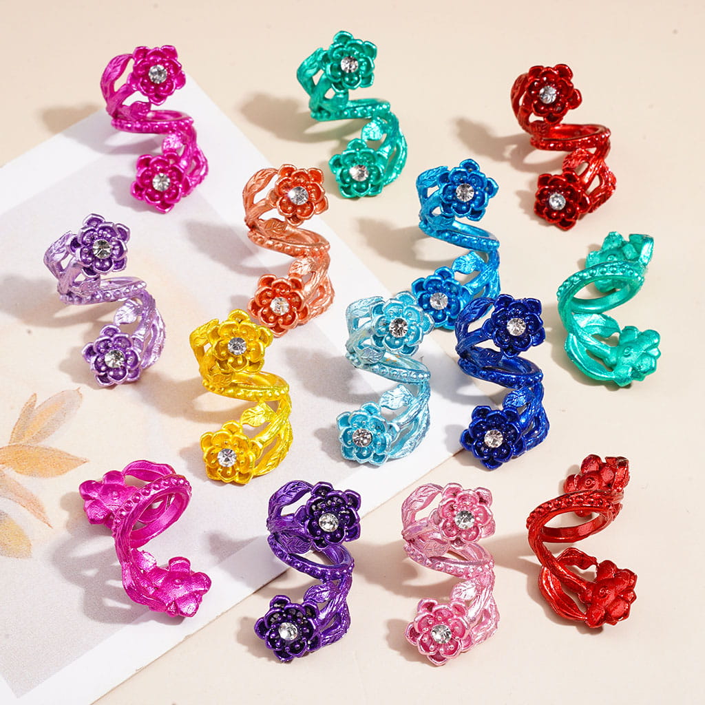Flower Clear Rhinestone Spiral Ring Charms, Trendy Twisted Spiral Metal Beads, Various Colors Random Mix