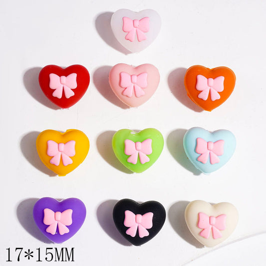 Sweet Heart-Shaped with Pink Bowtie Accent Silicone Focal Beads, 17*15MM, Multicolor