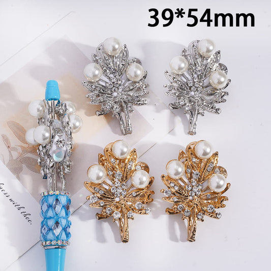 Gold & Silver Alloy Leaf Clay Beads with Clear Rhinestones & White Pearls, 39*54MM
