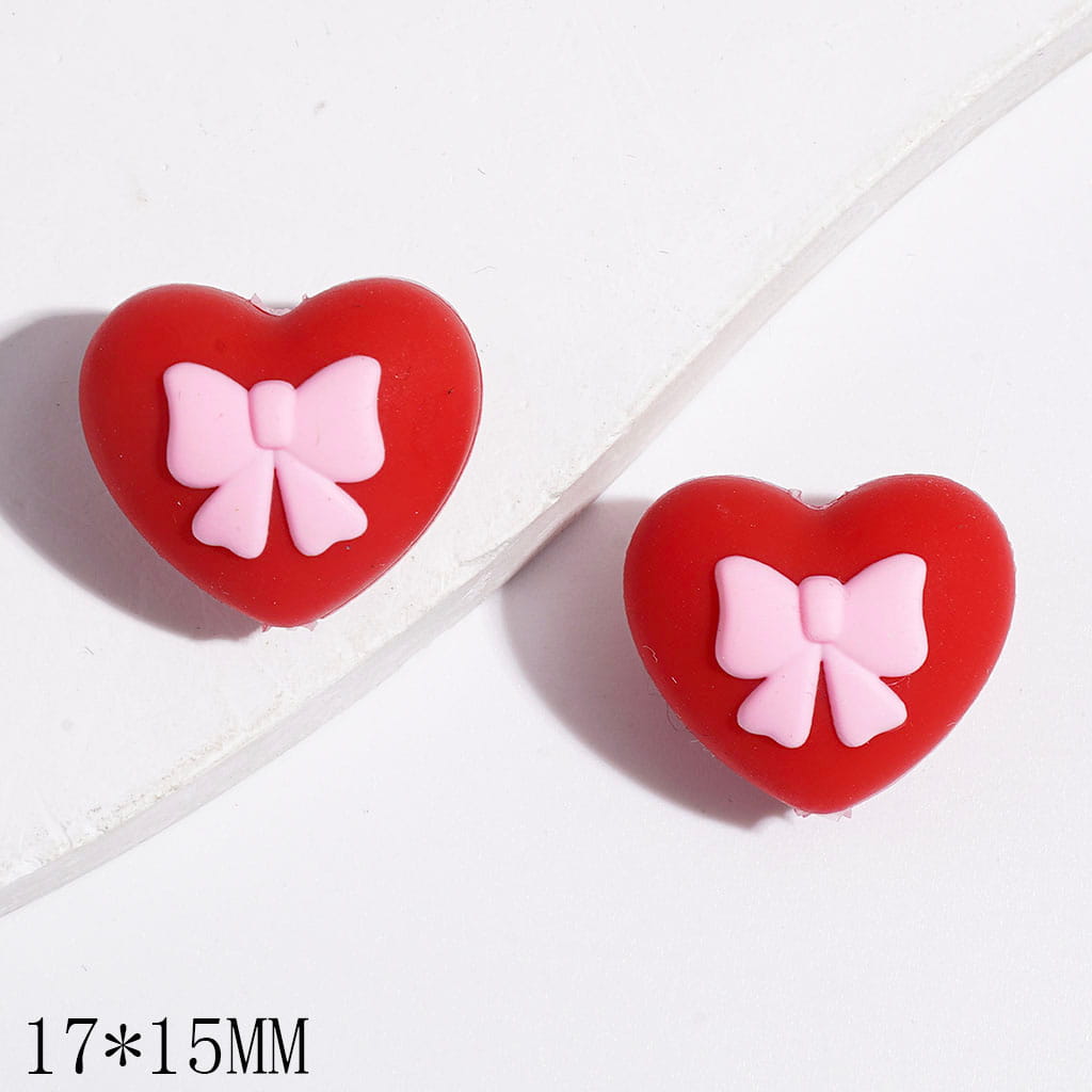 Silicone Focal Beads Heart with Pink Bowtie, 17*15MM, Multi-Color